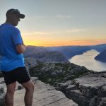 Morning Run to Pulpit Rock, Norway Runner on an early morning trail run to Pulpit Rock near Stavanger, Norway.